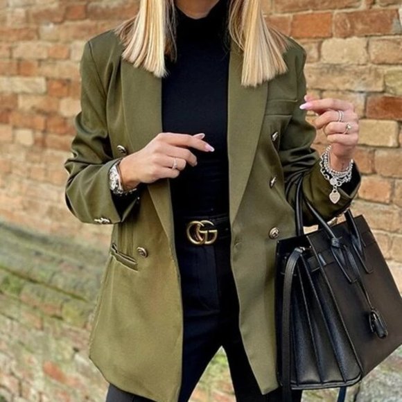 Lapel Collar Double Breasted Blazer Army Green - Picture 2 of 8